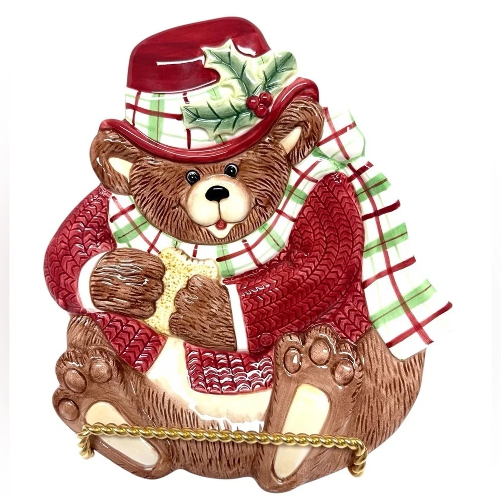Fitz and Floyd Essentials Christmas Teddy Bear Cookie Canapé Plate Red/Brown EUC